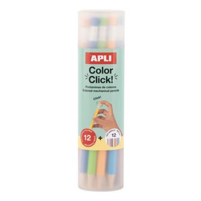 Farebné mechanické ceruzky, sada, v puzdre, APLI "Color Click", 12 rôznych farieb